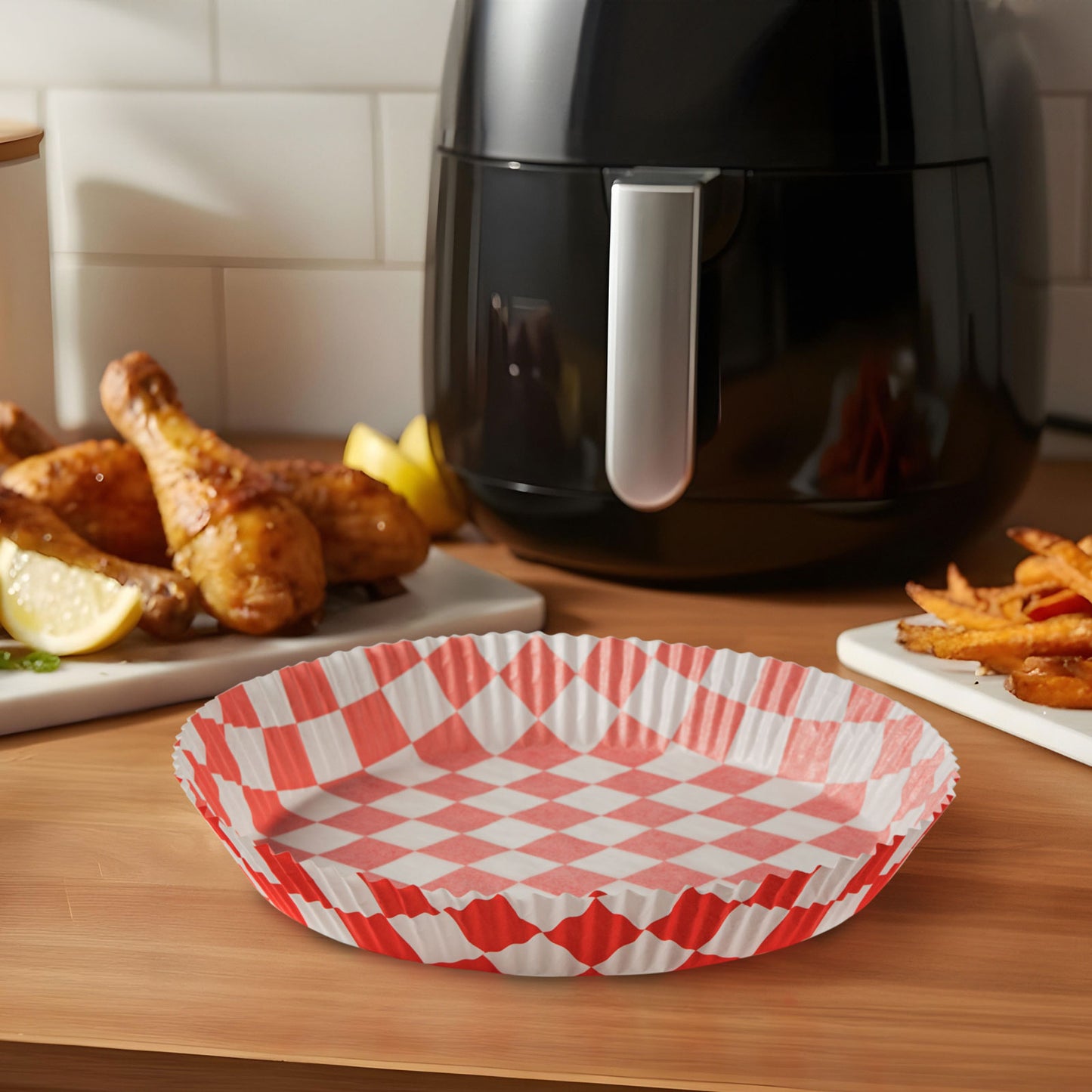 Air fryer sütőpapír - olaj nélküli sütőhöz - kockás minta - kör - 20 cm - 50 db / csomag