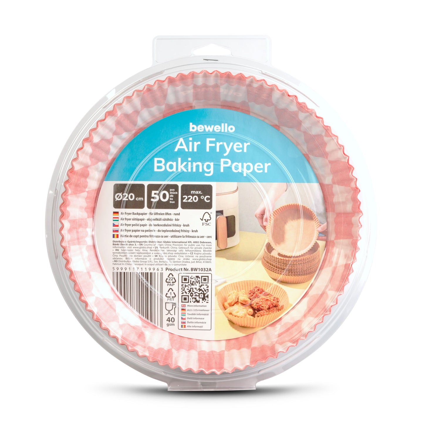 Air fryer sütőpapír - olaj nélküli sütőhöz - kockás minta - kör - 20 cm - 50 db / csomag