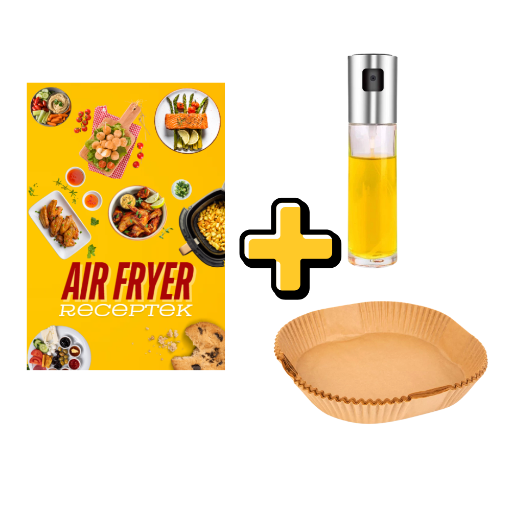 Air Fryer kezdő szett - Air Fryer Receptek könyv + Olajspray + Sütőpapír