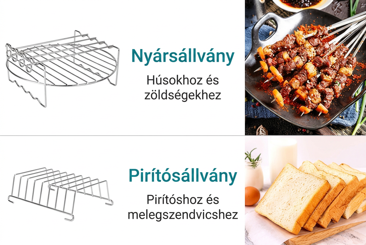 Nyársállvány és pirítósállvány magyar feliratokkal