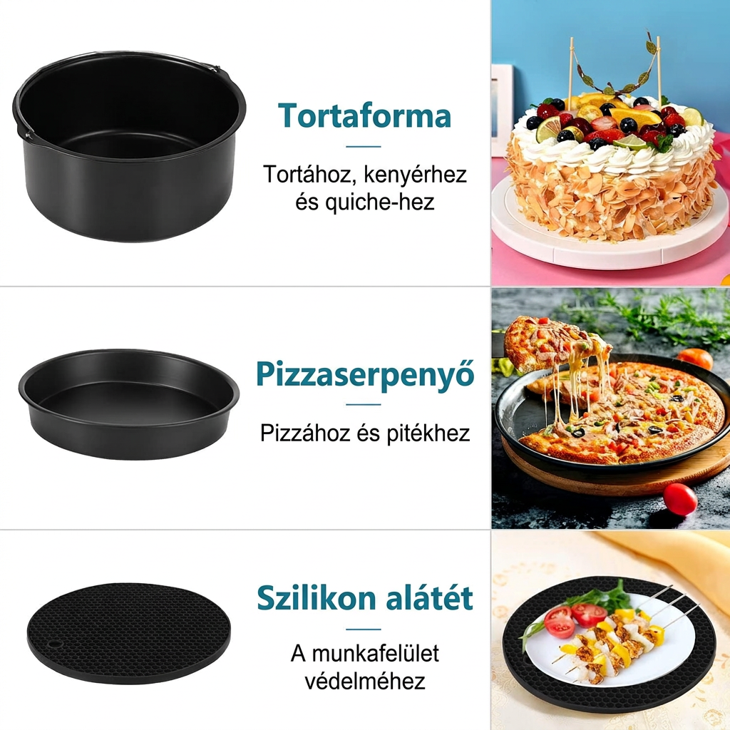 Tortaforma, pizzaserpenyő és szilikon alátét magyar feliratokkal